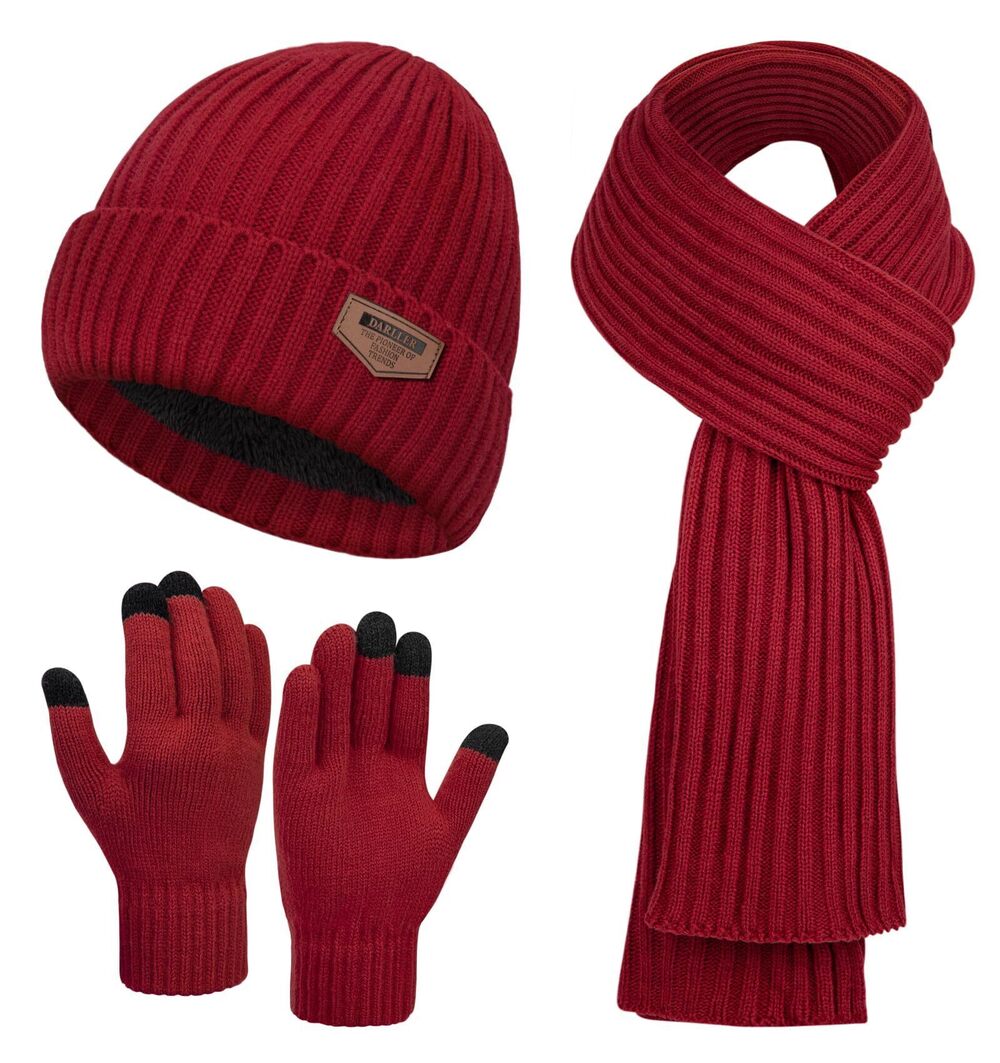 7355 Hat and Gloves Set, Warm Beanie Knit Long Scarf Fleece Lined Winter